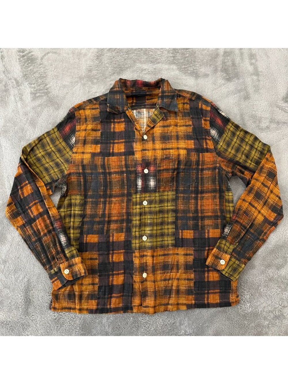 Allsaints Mens Patchwork Plaid Print Cotton Relaxed Fit Button Down Shirt MEDIUM